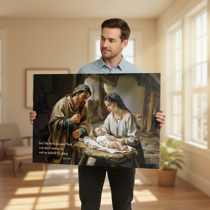 Man holding a print of the Nativity scene in a room with sunlight streaming through a window.