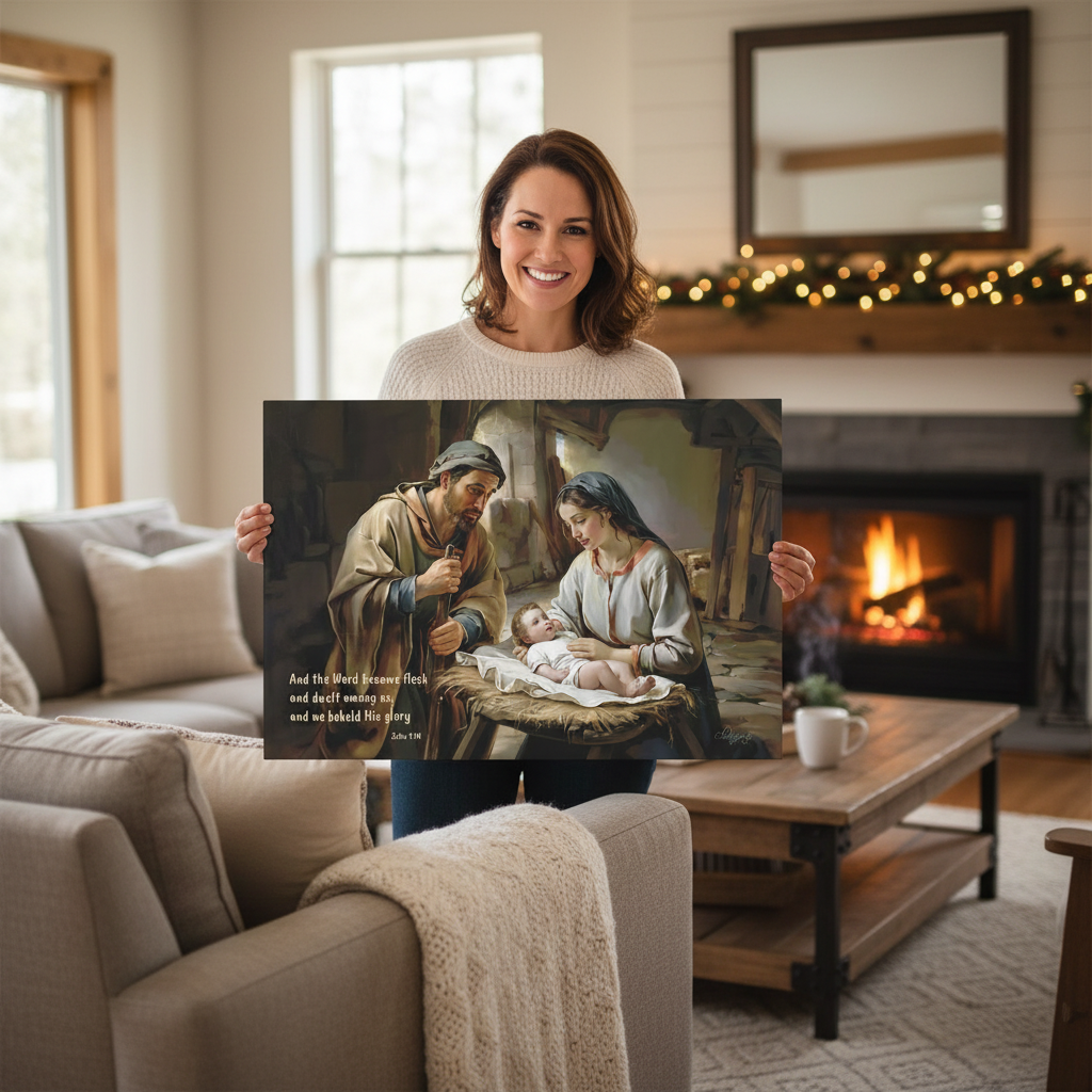 Woman holding a nativity scene print in a cozy living room with a fireplace.