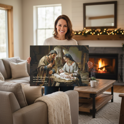Woman holding a nativity scene print in a cozy living room with a fireplace.