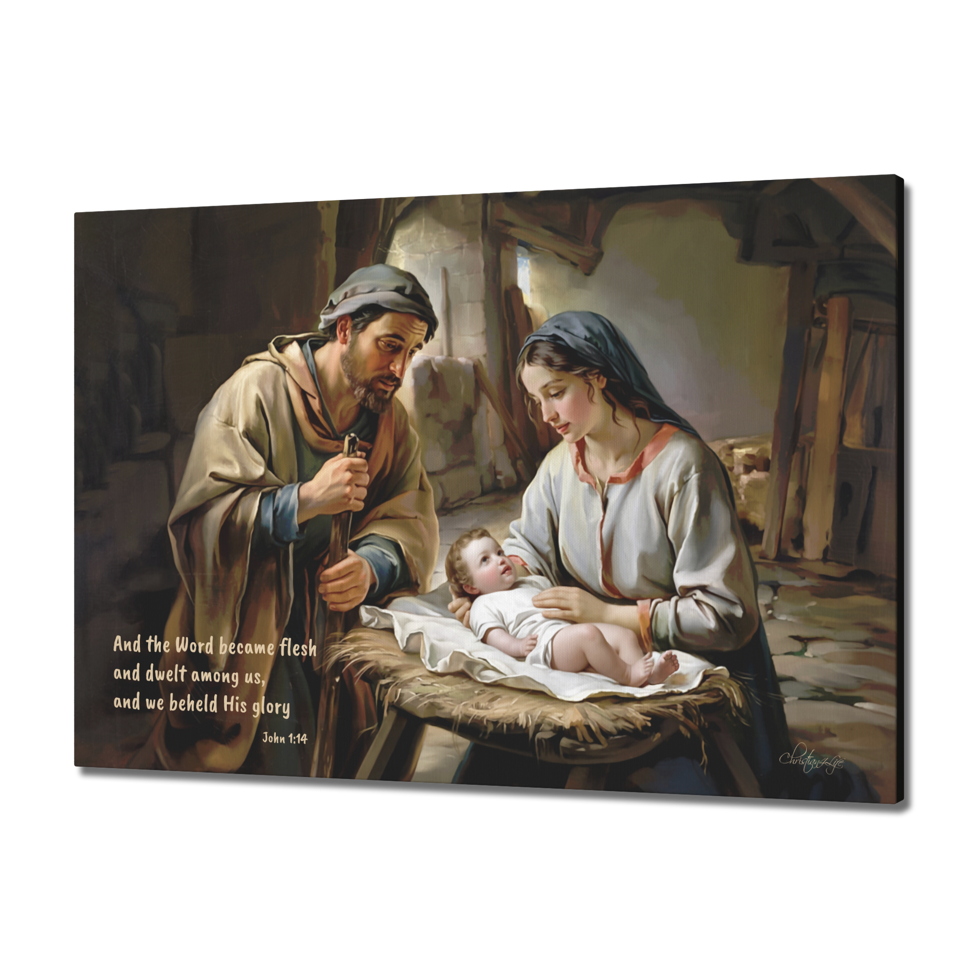 Painting of a nativity scene with Mary, Joseph, and baby Jesus.