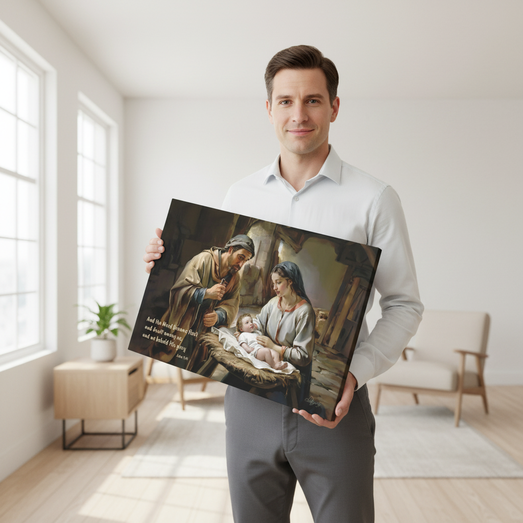 Man holding a large print of a religious scene in a bright room.