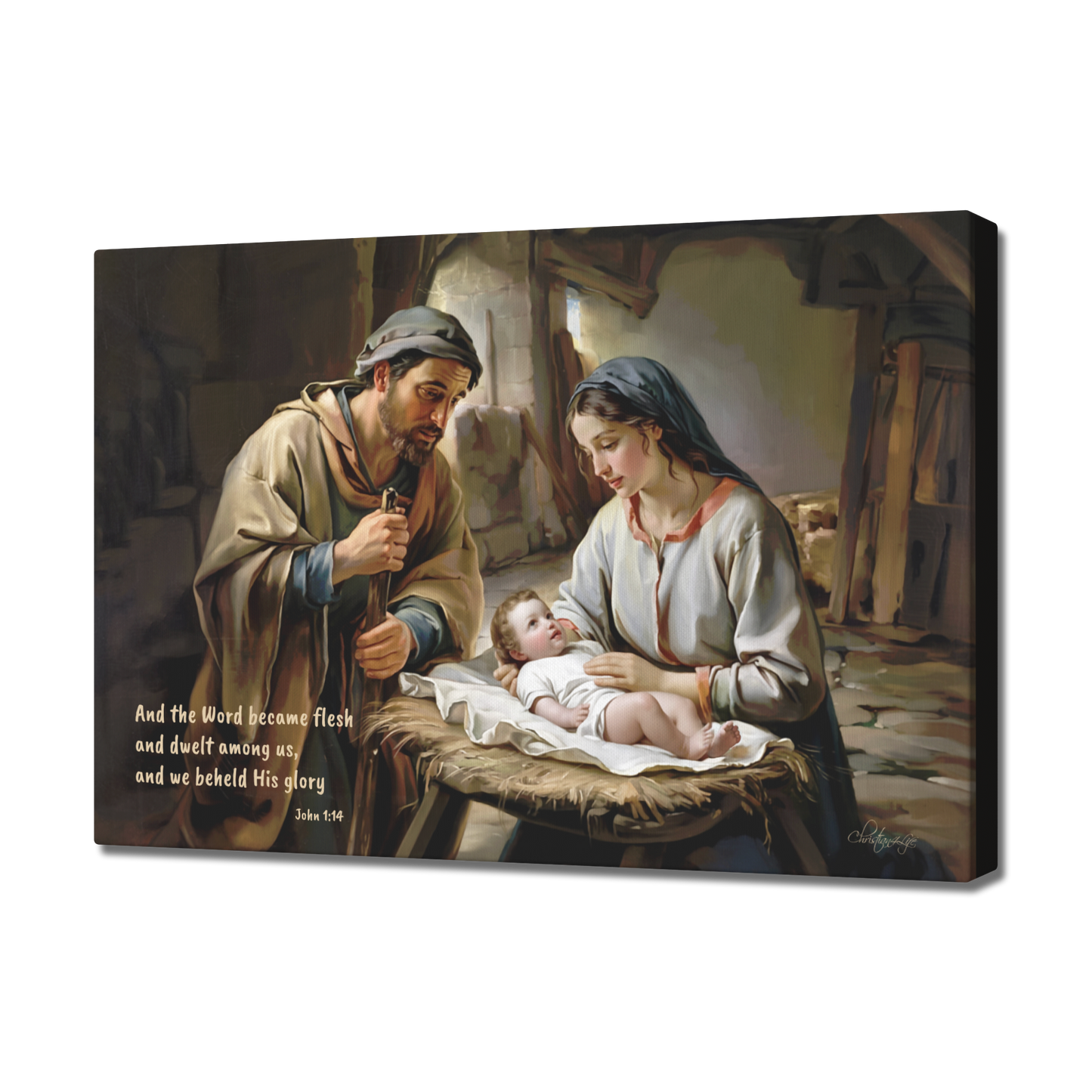 Canvas print of a religious scene with a Joseph and Mary holding baby Jesus, set in a rustic interior.