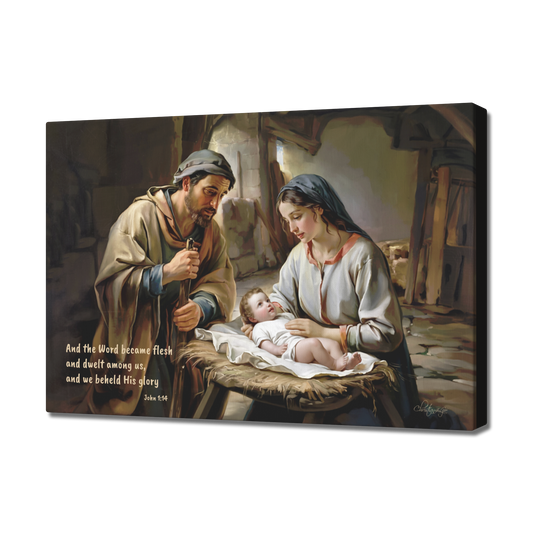 Canvas print of a religious scene with a Joseph and Mary holding baby Jesus, set in a rustic interior.