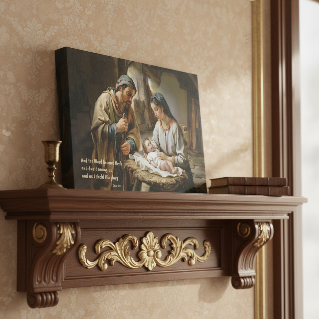 Decorative shelf with a religious painting of the Holy Family on a beige wall.