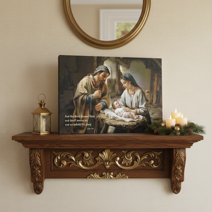 Decorative shelf with a painting of the Holy family with baby Jesus, candles, and a lantern.