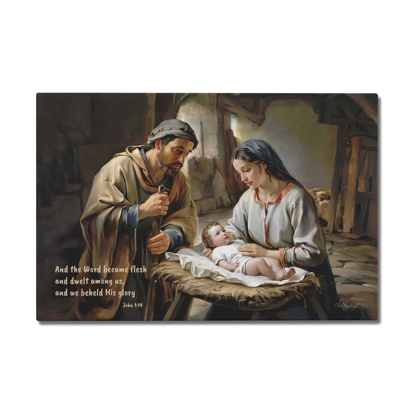 Painting of Joseph and Mary holding baby Jesus in a rustic setting with a quote below.