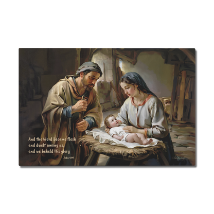 Painting of Joseph and Mary holding baby Jesus in a rustic setting with a quote below.