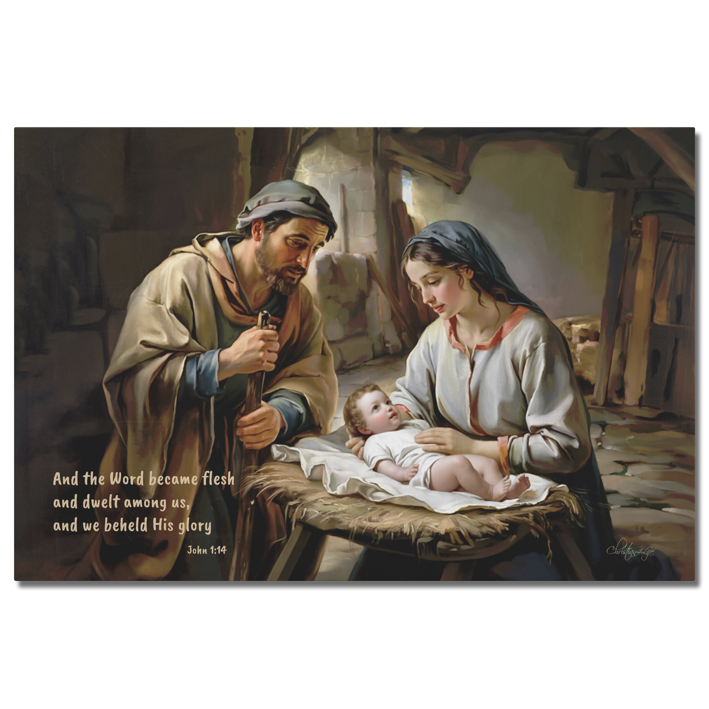 Painting of a man and woman holding a baby with a rustic background