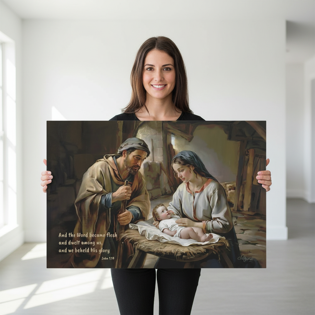 Woman holding a large print of a religious scene with a nativity scene.