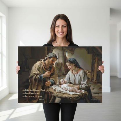Woman holding a large print of a religious scene with a nativity scene.