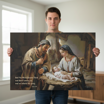 Man holding a large print of a religious scene with a nativity scene and text.