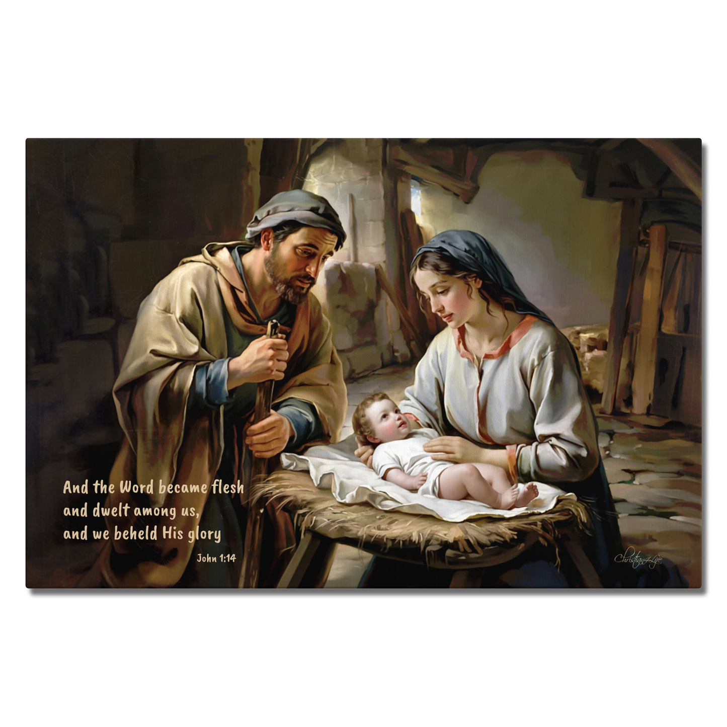 Painting of Joseph, Mary and baby Jesus with a text overlay on a white background