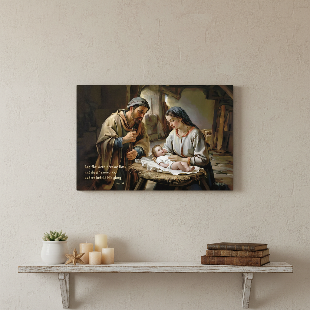 Canvas print of a religious scene with Joseph, Mary and baby Jesus on a wall above a shelf.