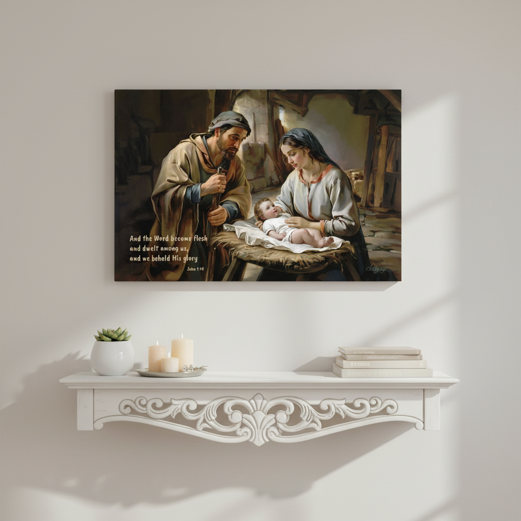 Framed artwork of the Holy Family on a wall above a decorative shelf with candles and books.