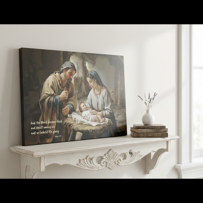 Canvas print of a religious scene with Joseph, Mary and baby Jesus.