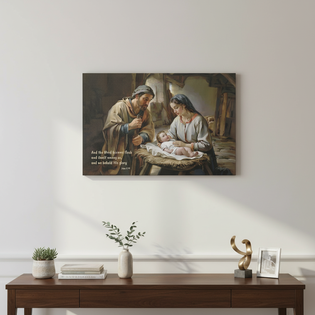Framed artwork of a religious scene with the Holy family and child on a wall above a wooden table.