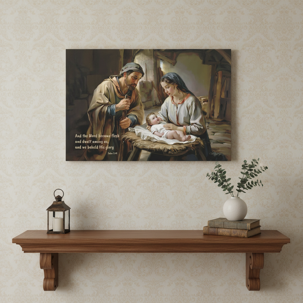 Framed artwork of a nativity scene on a wall above a wooden shelf with decor items.
