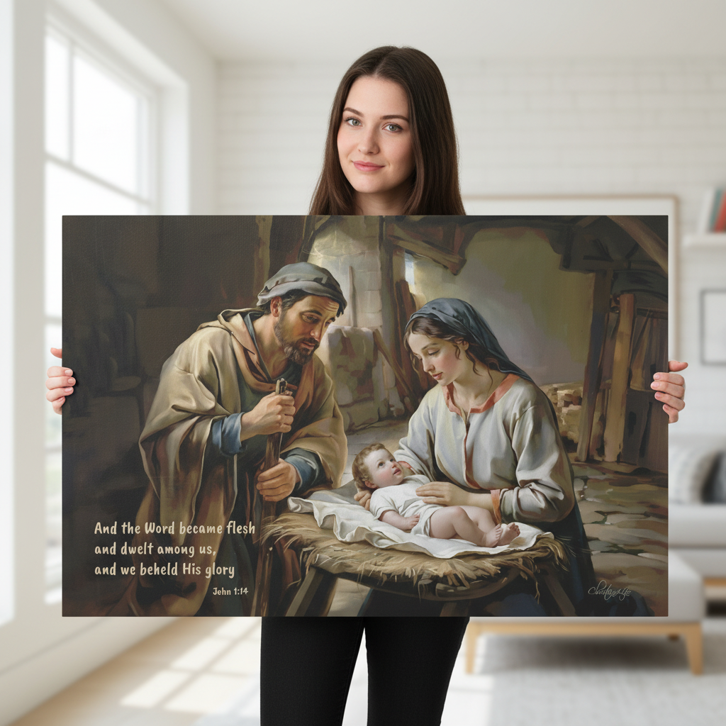 Woman holding a large framed painting of a nativity scene with text.