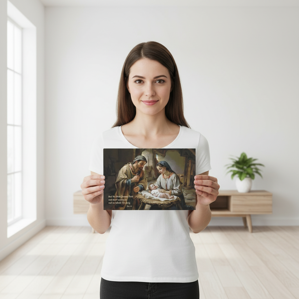 Woman holding a print of a nativity scene in a bright room.
