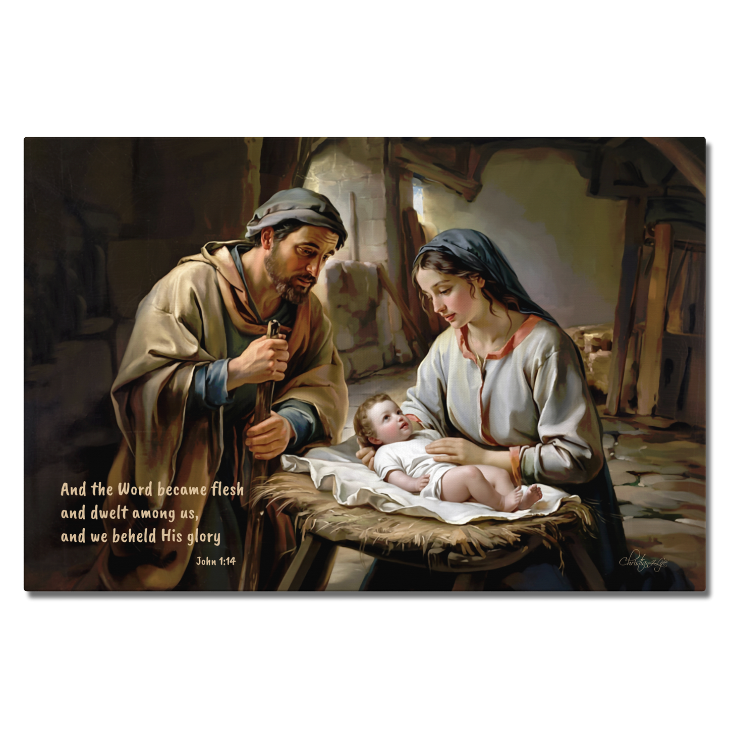Painting of a nativity scene with Joseph, Mary and baby Jesus