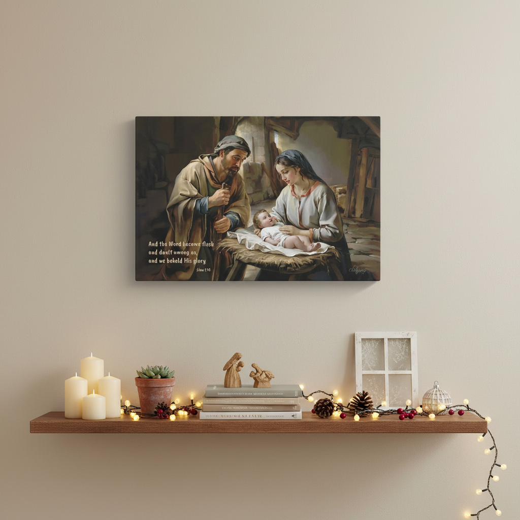 Canvas print of a religious scene with a family and baby on a wall above a shelf with candles and decor.