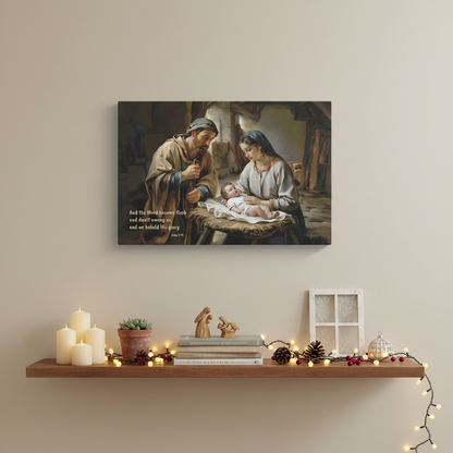Canvas print of a religious scene with a family and baby on a wall above a shelf with candles and decor.