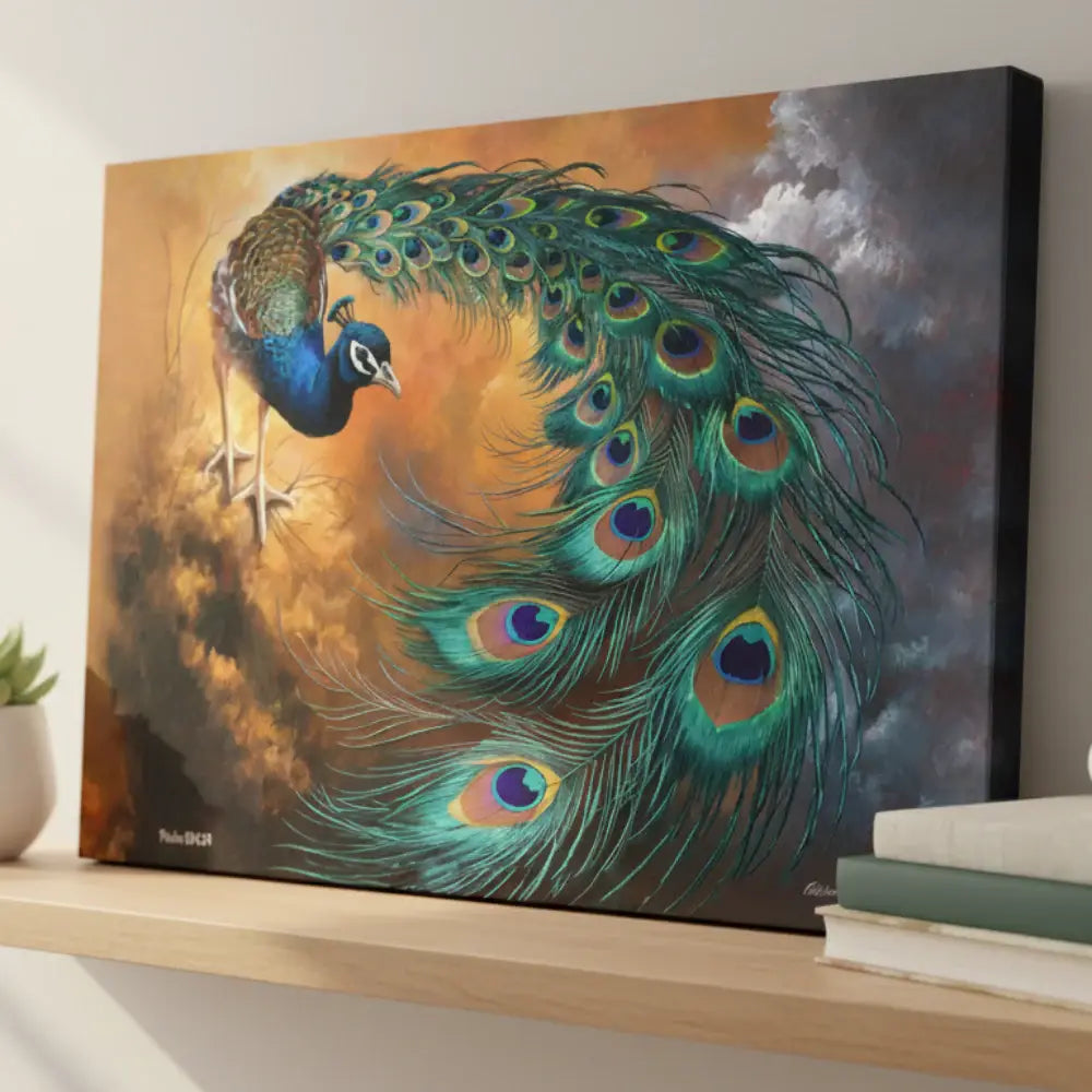 Canvas print of a peacock on a shelf with books and a plant.