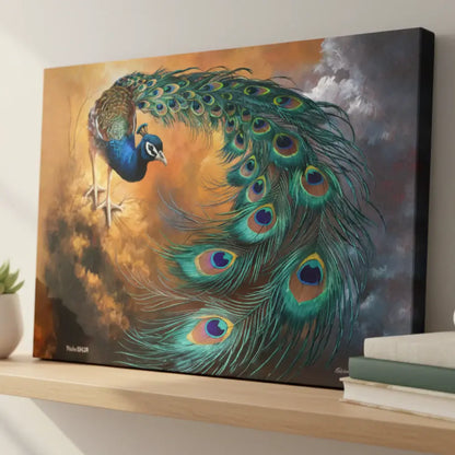 Canvas print of a peacock on a shelf with books and a plant.