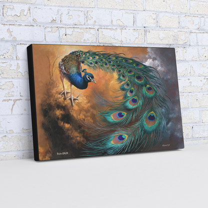 Canvas print of a peacock with vibrant colors against a brick wall background