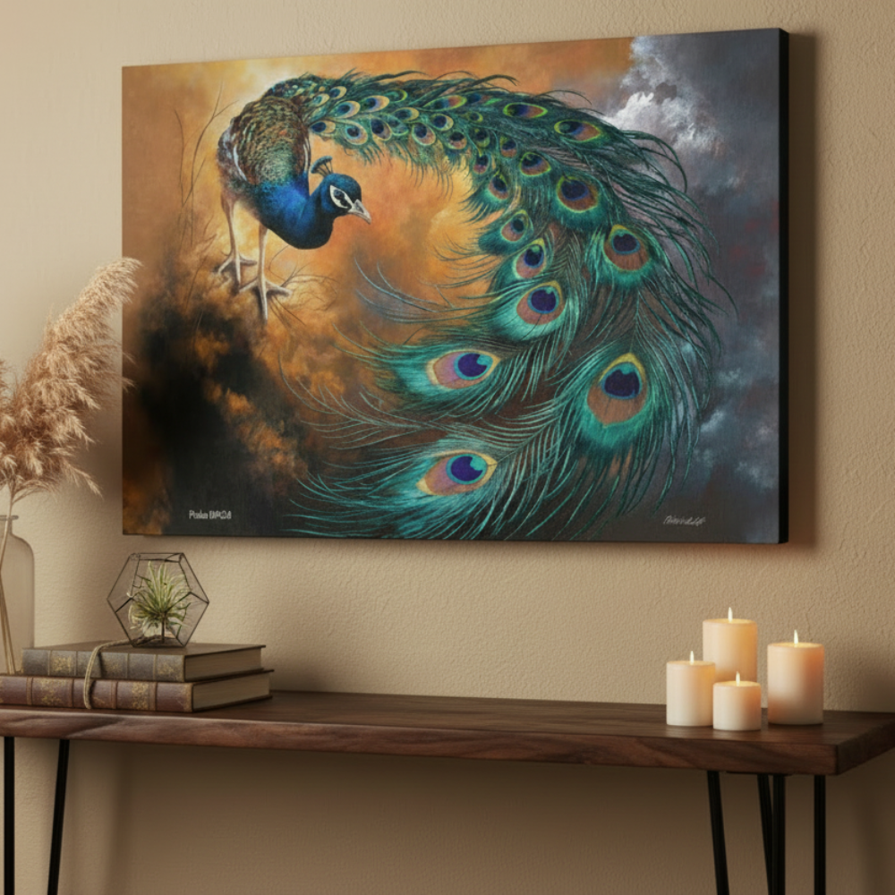 Peacock canvas painting on a wall above a wooden table with candles and books.