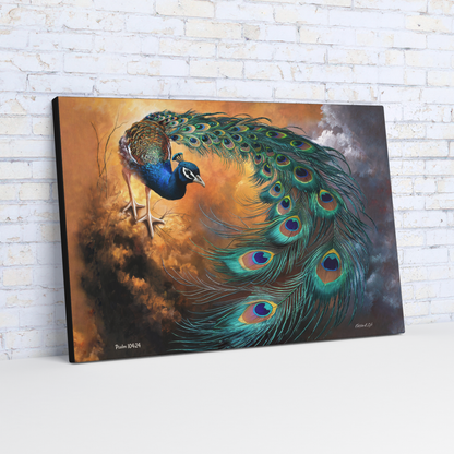 Canvas print of a peacock with vibrant colors against a white brick wall.