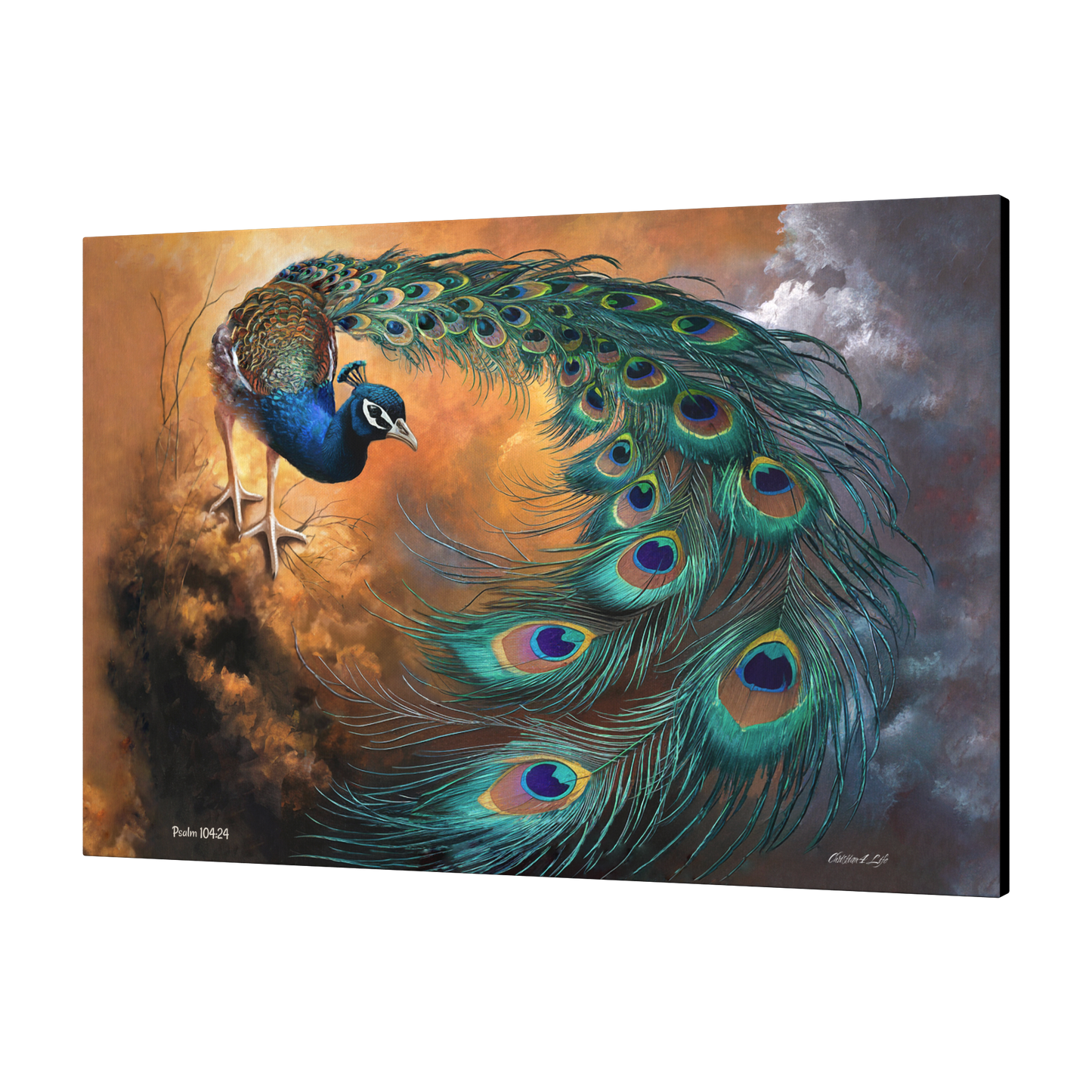 Painting of a peacock with vibrant feathers against a dynamic sky background