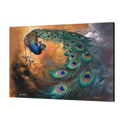 Painting of a peacock with vibrant feathers against a dynamic sky background