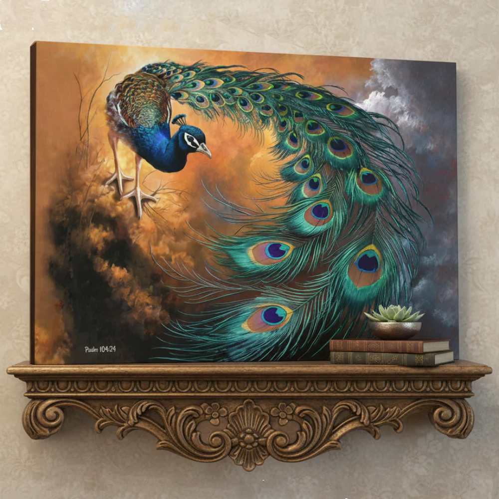 Canvas print of a peacock on an ornate wooden shelf against a textured wall.