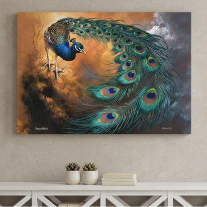 Painting of a peacock with vibrant feathers on a wall above a console table.