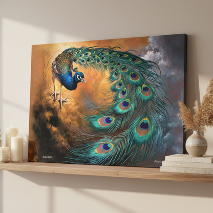 Canvas print of a peacock on a wooden shelf with decorative items.