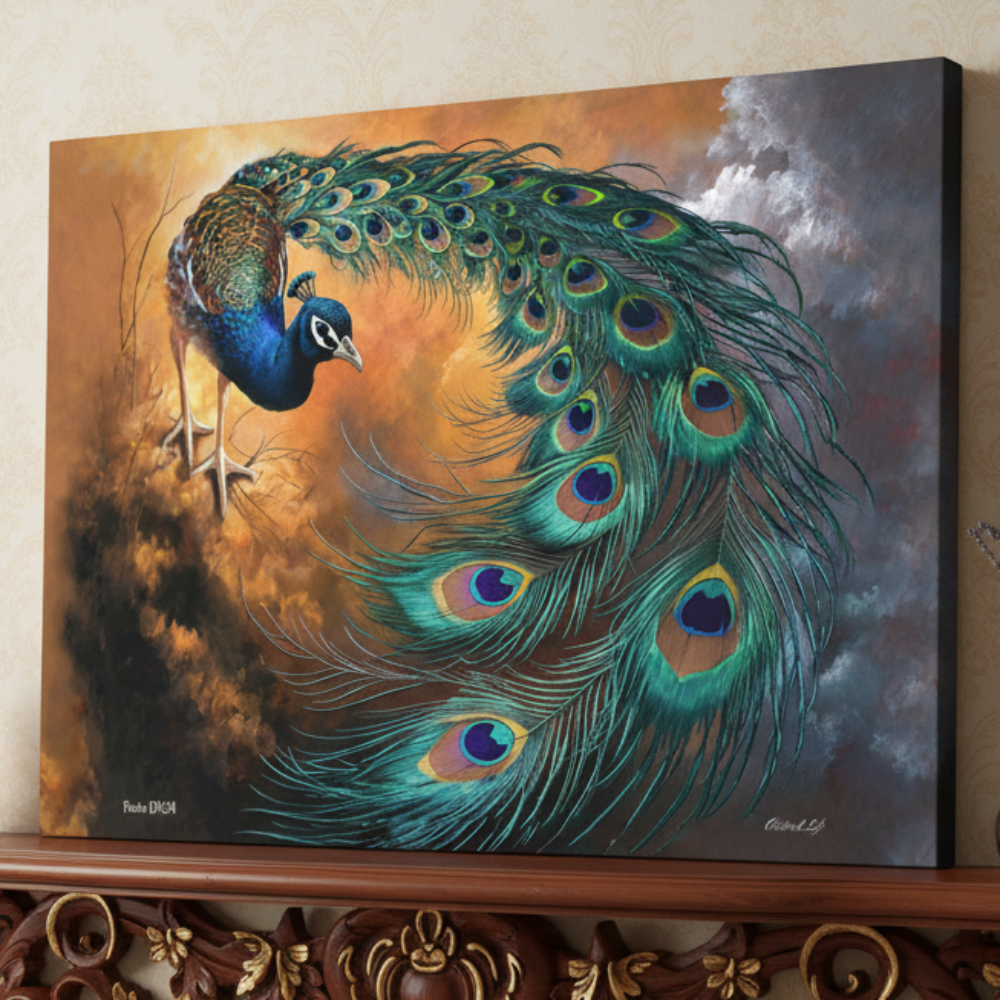 Canvas Painting print of a peacock with vibrant feathers against a cloudy sky background.