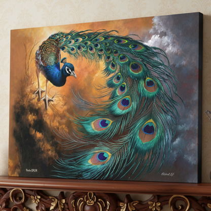 Canvas Painting print of a peacock with vibrant feathers against a cloudy sky background.