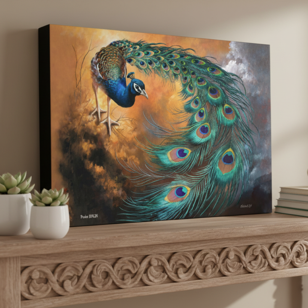 Peacock painting on a wooden console table with decorative items.