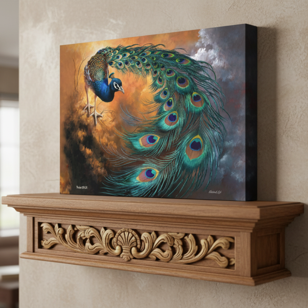 Painting of a peacock on a decorative wooden shelf against a beige wall.