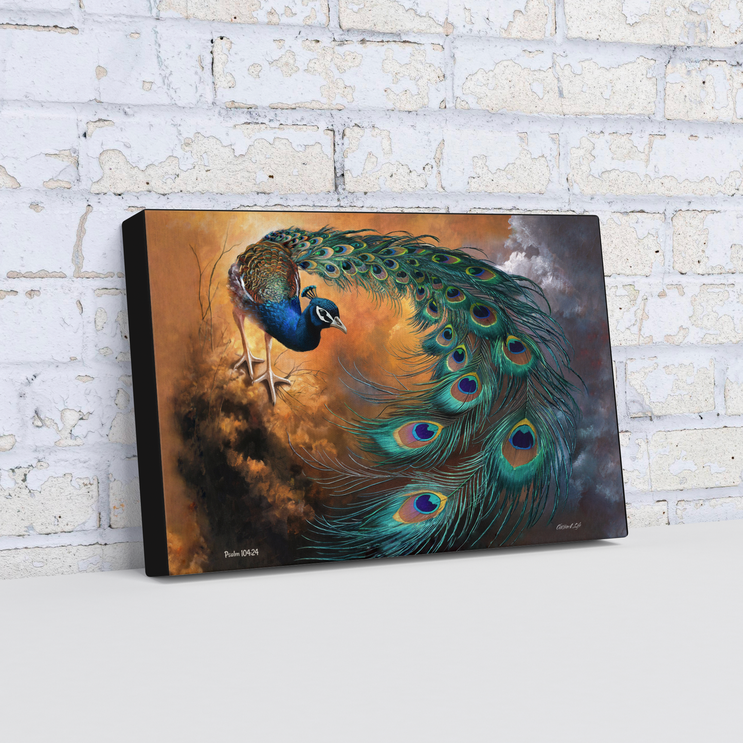 Canvas print of a peacock with vibrant feathers against a brick wall background