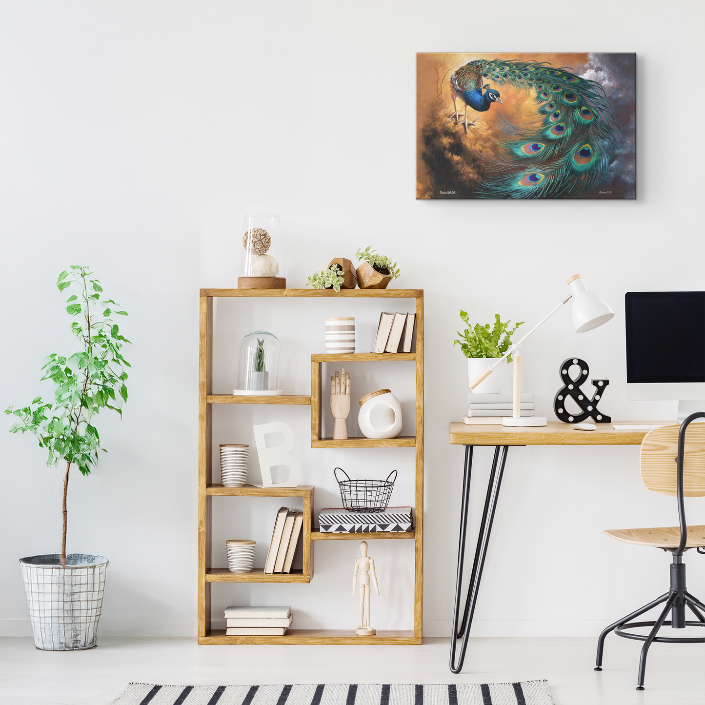 Home office with wooden bookshelf, desk, and peacock canvas painting on wall