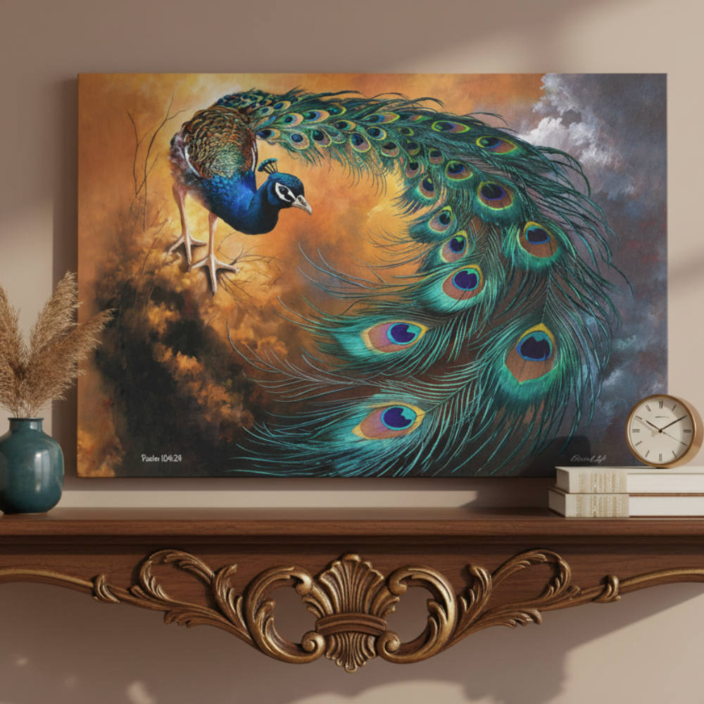 Peacock painting on a decorative shelf with a vase and clock.