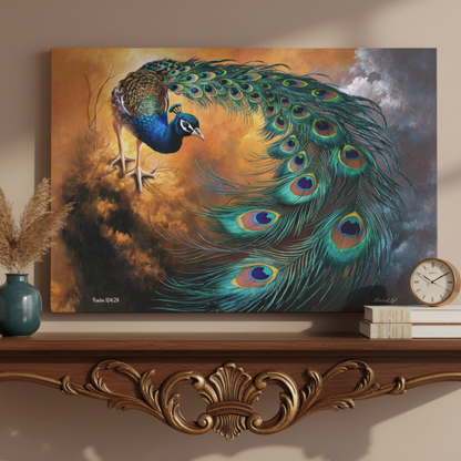 Peacock painting on a decorative shelf with a vase and clock.