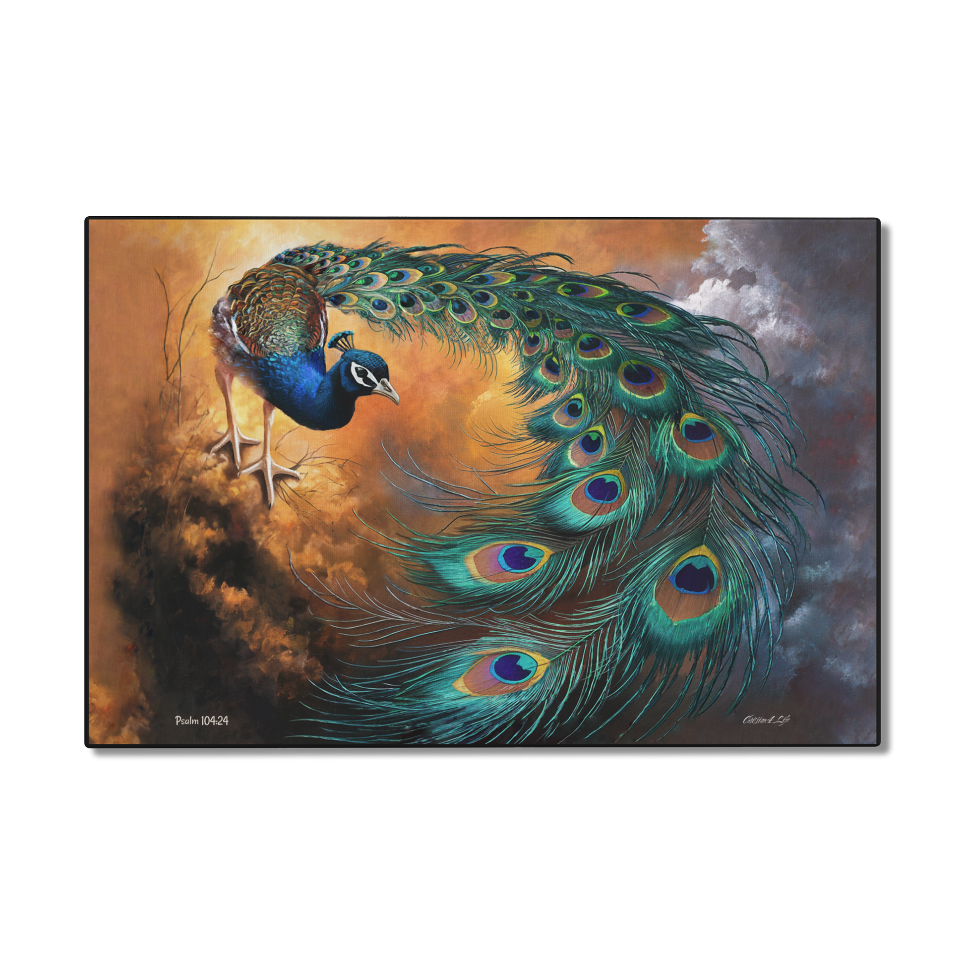 Painting of a peacock with vibrant feathers against a dynamic background
