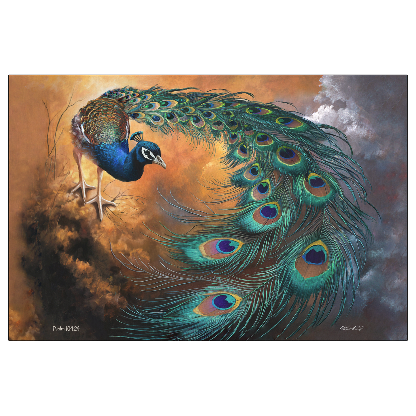 Painting of a peacock with vibrant feathers against a colorful background