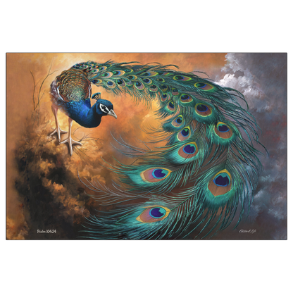 Painting of a peacock with vibrant feathers against a colorful background