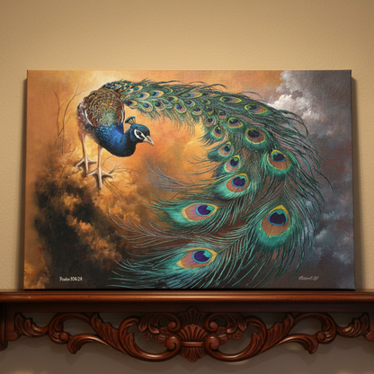 Painting of a peacock on a wooden shelf against a beige wall