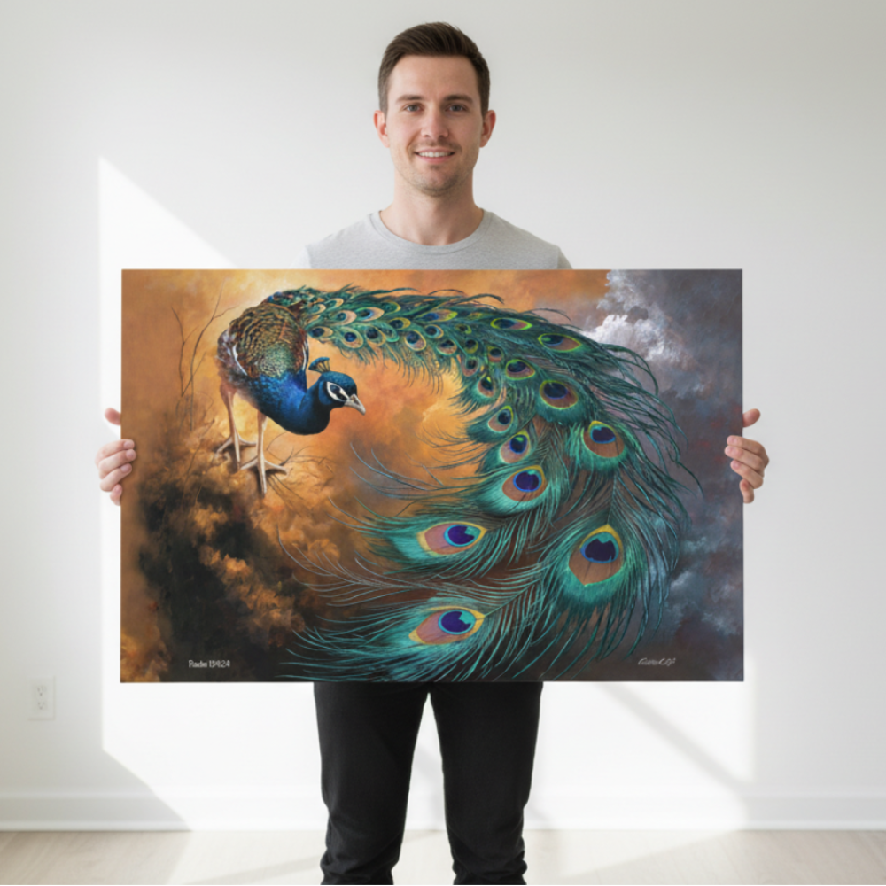 Man holding a large canvas painting of a peacock