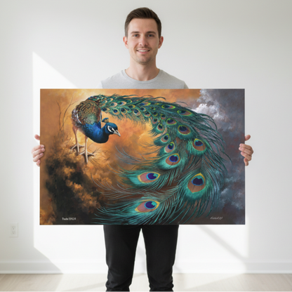 Man holding a large canvas painting of a peacock